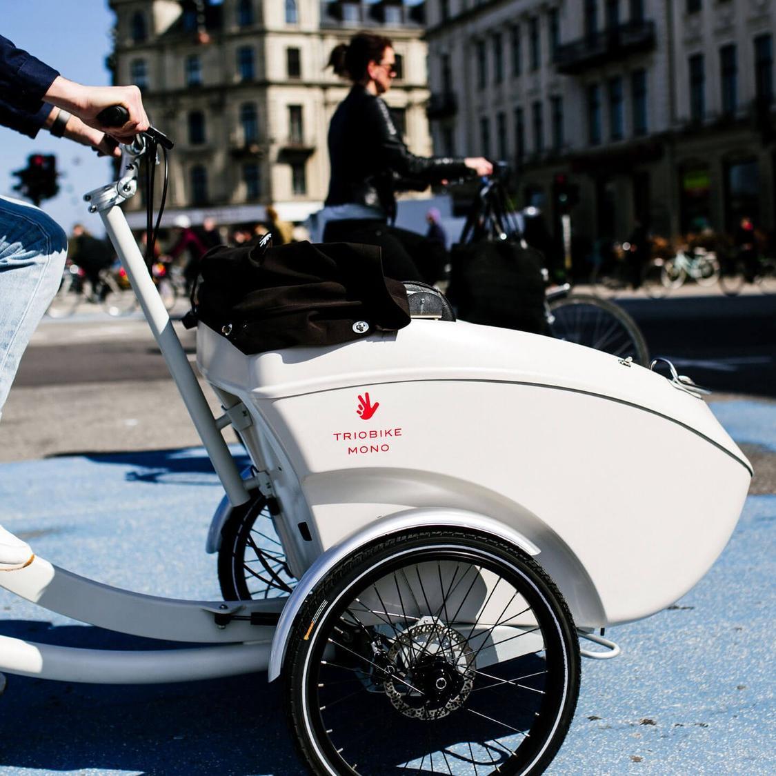 Eine Person fährt auf dem Triobike Mono Lastenrad über die Straße