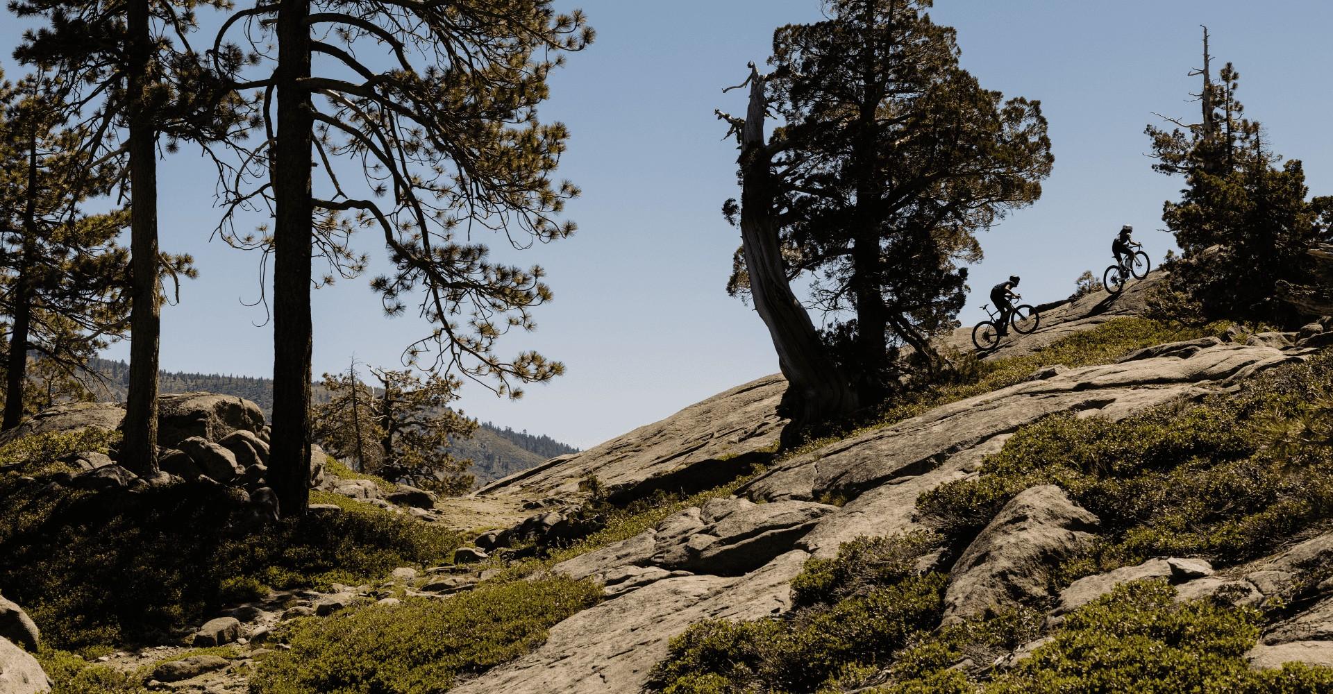 Zwei Personen fahren mit dem Specialized Turbo Creo 2 die Berge hoch