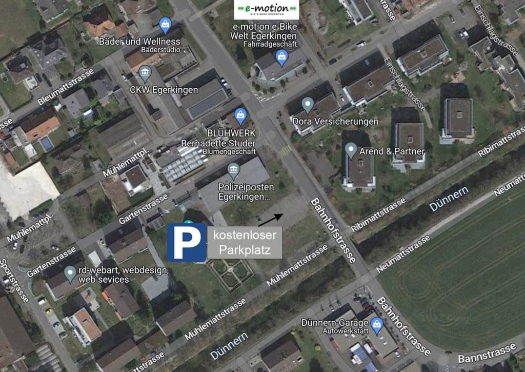 Luftaufnahme von Egerkingen mit kostenlosem Parkplatz und e-Bike Shop