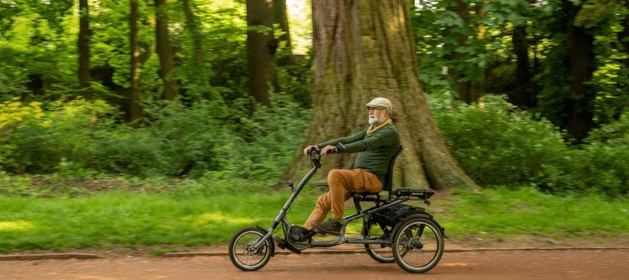 Mann auf Dreirad-E-Bike im Park vor einem großen Baum