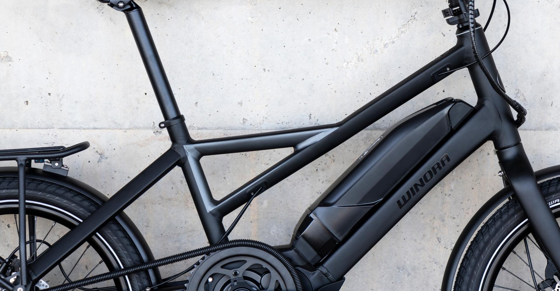 Nahansicht eines Winora e-Bikes mit eingebautem Akku