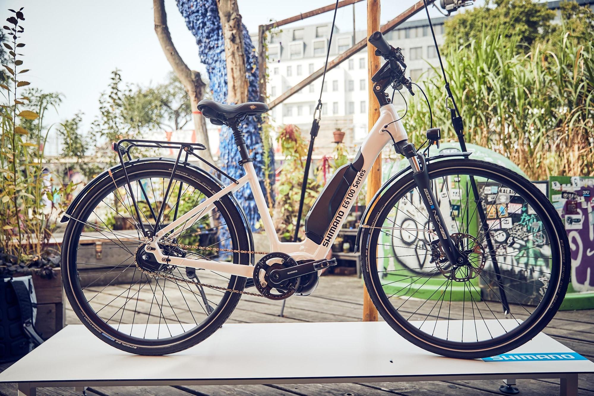 Stilvolles E-Bike mit Shimano E6100 Antrieb für eine kraftvolle und sanfte Fahrt. Ideal für den modernen Stadtverke