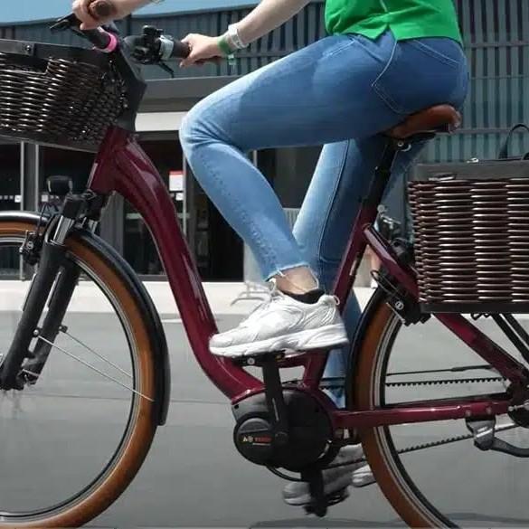 Frau auf E-Bike mit Körben fährt auf der Straße