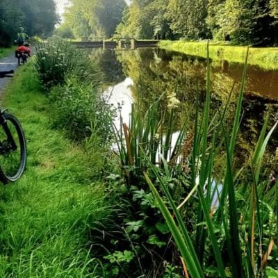 Fahrrad mit Gepäcktaschen auf Waldweg entlang eines Kanals in Dietikon