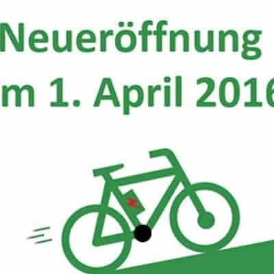 Ankündigung Neueröffnung am 1. April 2016 mit Fahrradgrafik