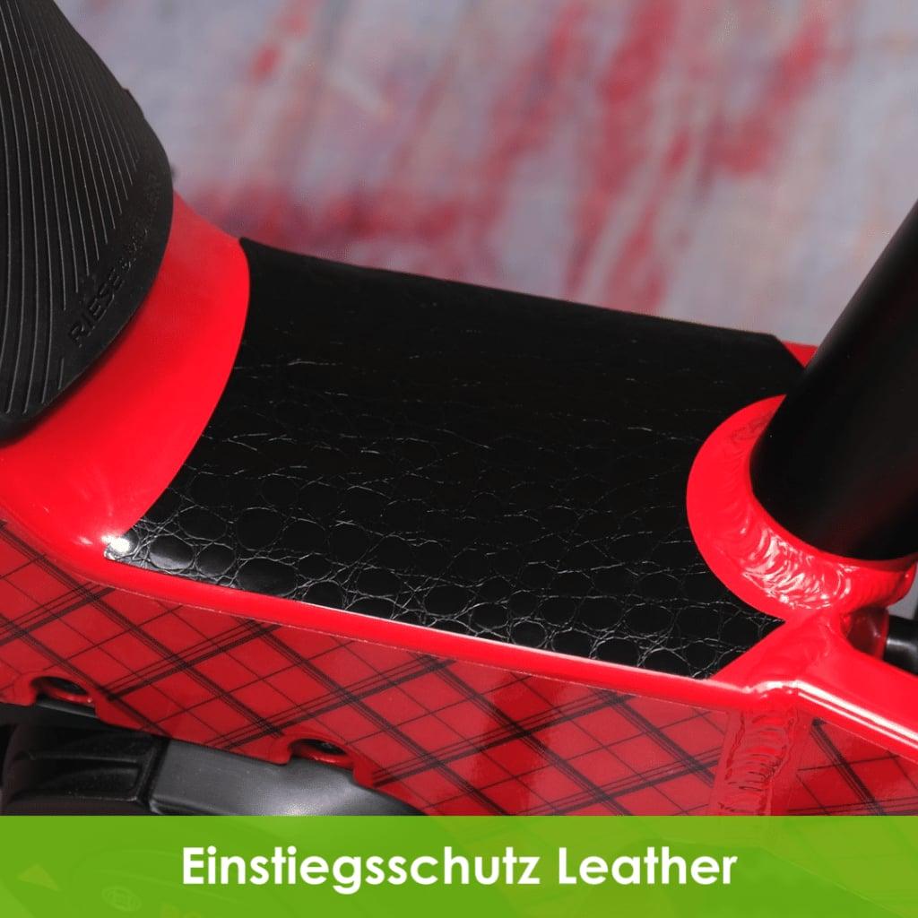 Nahaufnahme eines roten Fahrradrahmens mit schwarzem Einstiegsschutz