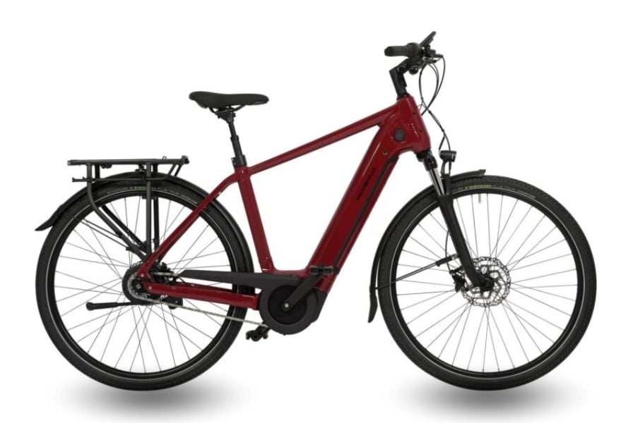 Rotes City-E-Bike mit Gepäckträger und Scheibenbremsen seitlich