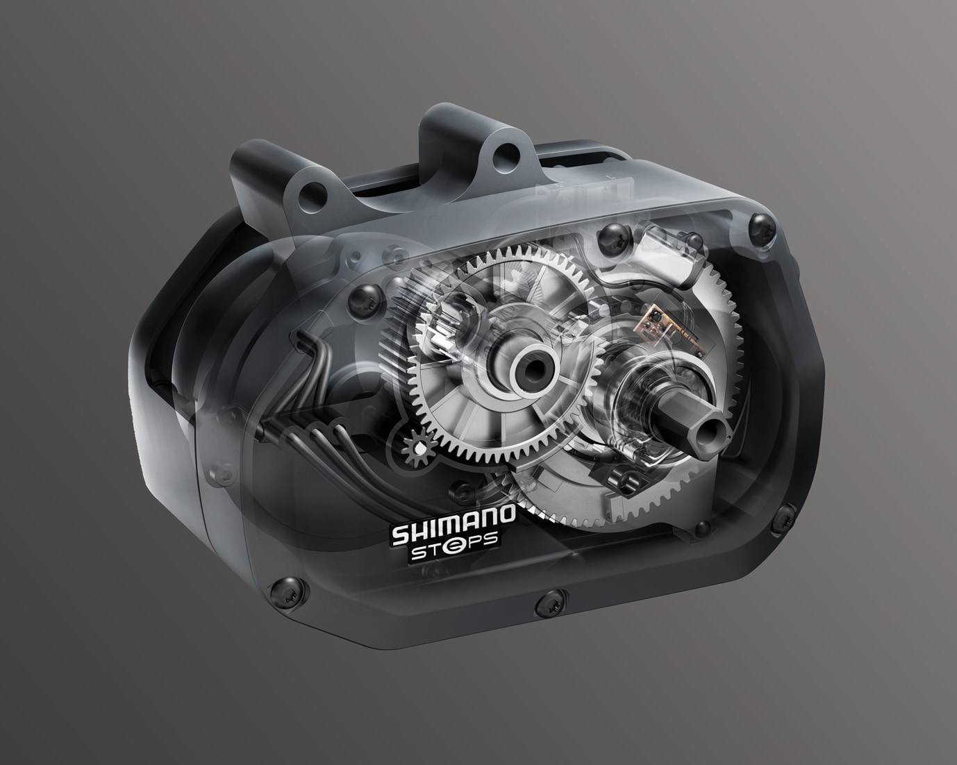 Transparente Darstellung des Shimano STEPS Motors, ideal für E-Bikes. Zeigt das präzise Zusammenspiel der Zahnräder