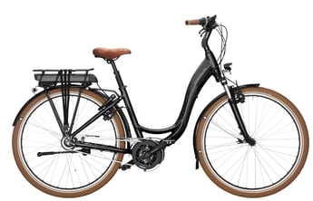 Modernes schwarzes E-Bike mit braunen Reifen und Sattel