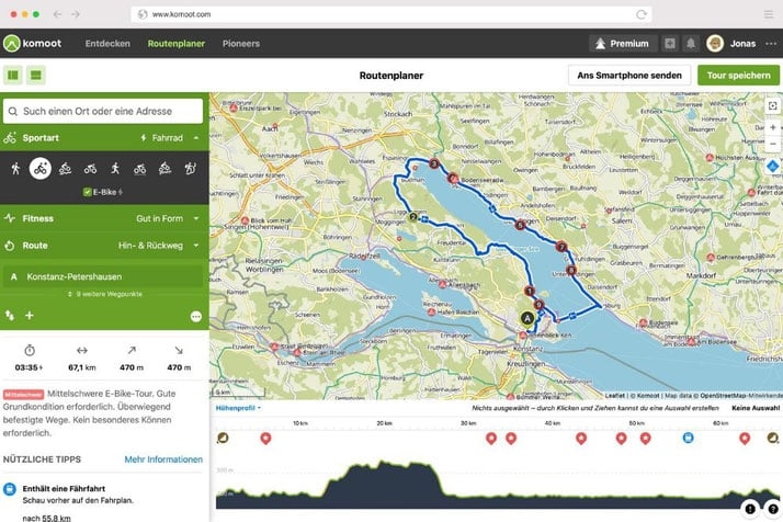 Komoot Routenplaner mit Fahrradroute um den Bodensee