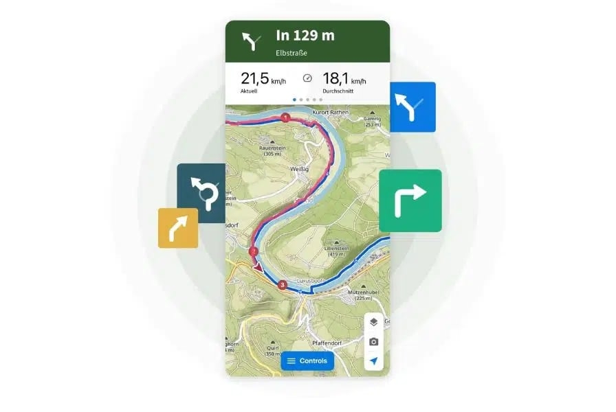 Navigationsansicht einer Fahrrad-App mit Kartenansicht und Geschwindigkeitsanzeige