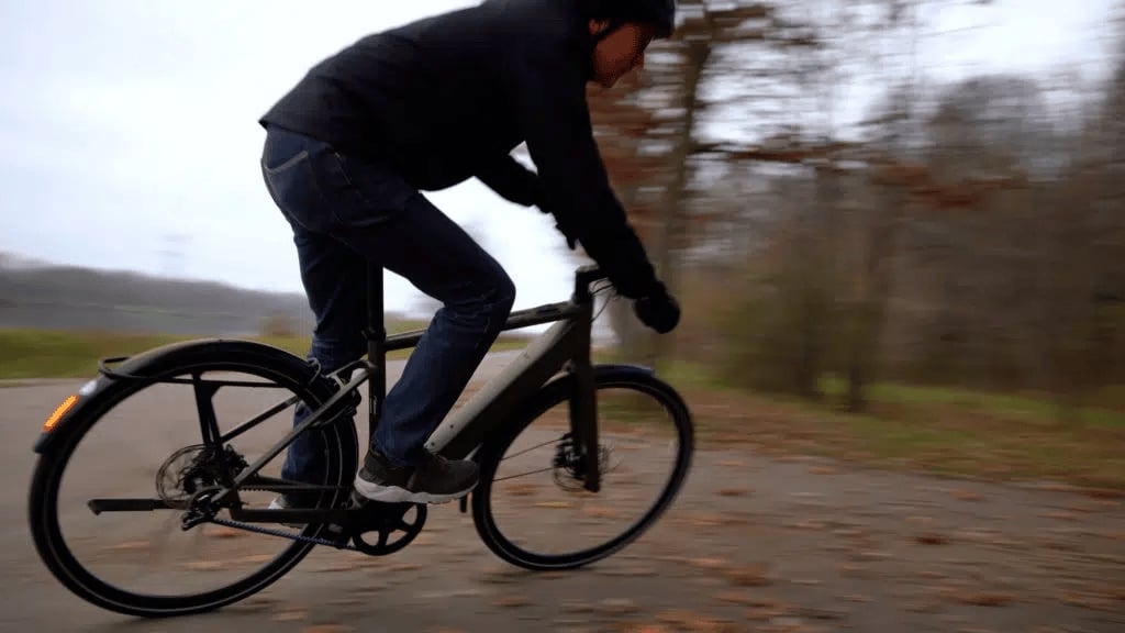 Person fährt E-Bike auf einem Waldweg