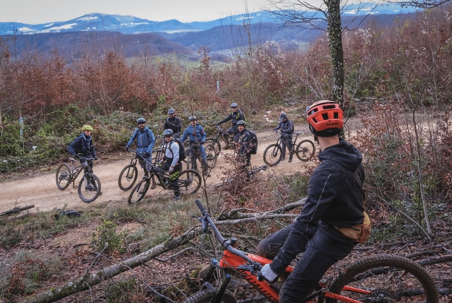 Gruppe von Mountainbikern auf Waldweg mit Blick auf Berge