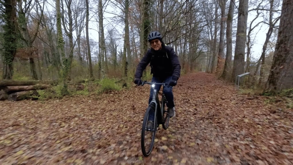 Person auf E-Bike fährt durch herbstlichen Waldweg