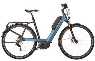 Blaues E-Bike mit Mittelmotor und tiefem Einstieg
