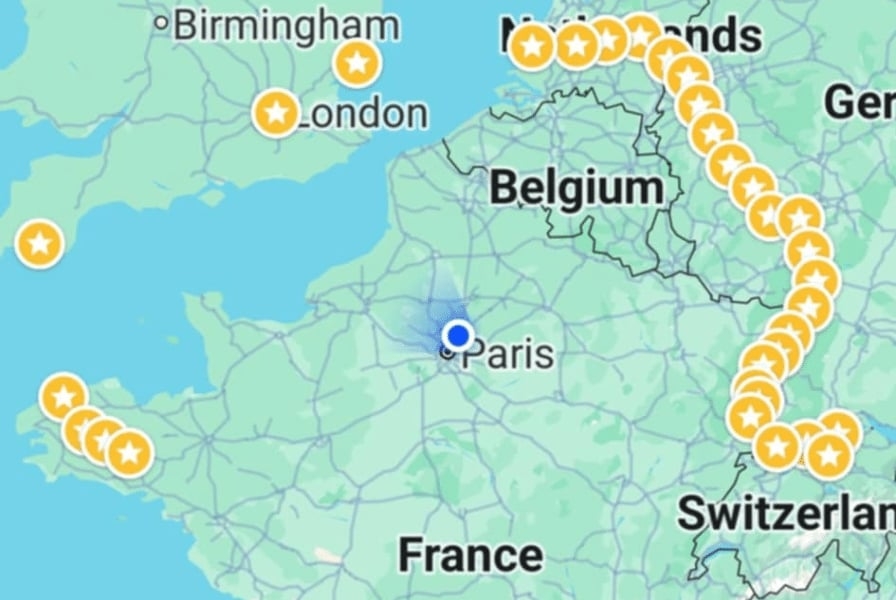 Karte mit markierten Orten in Europa, Fokus auf Frankreich und Belgien