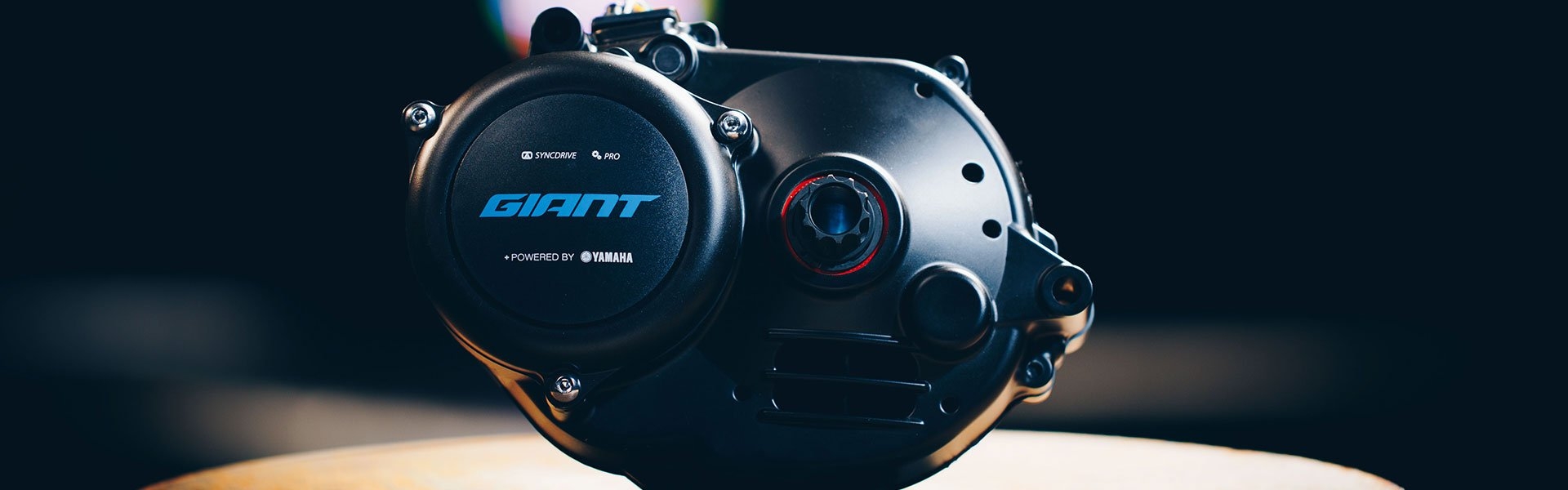 Nahaufnahme eines schwarzen E-Bike Motors mit der Aufschrift „GIANT“, gefertigt in Zusammenarbeit mit Yamaha. Der M