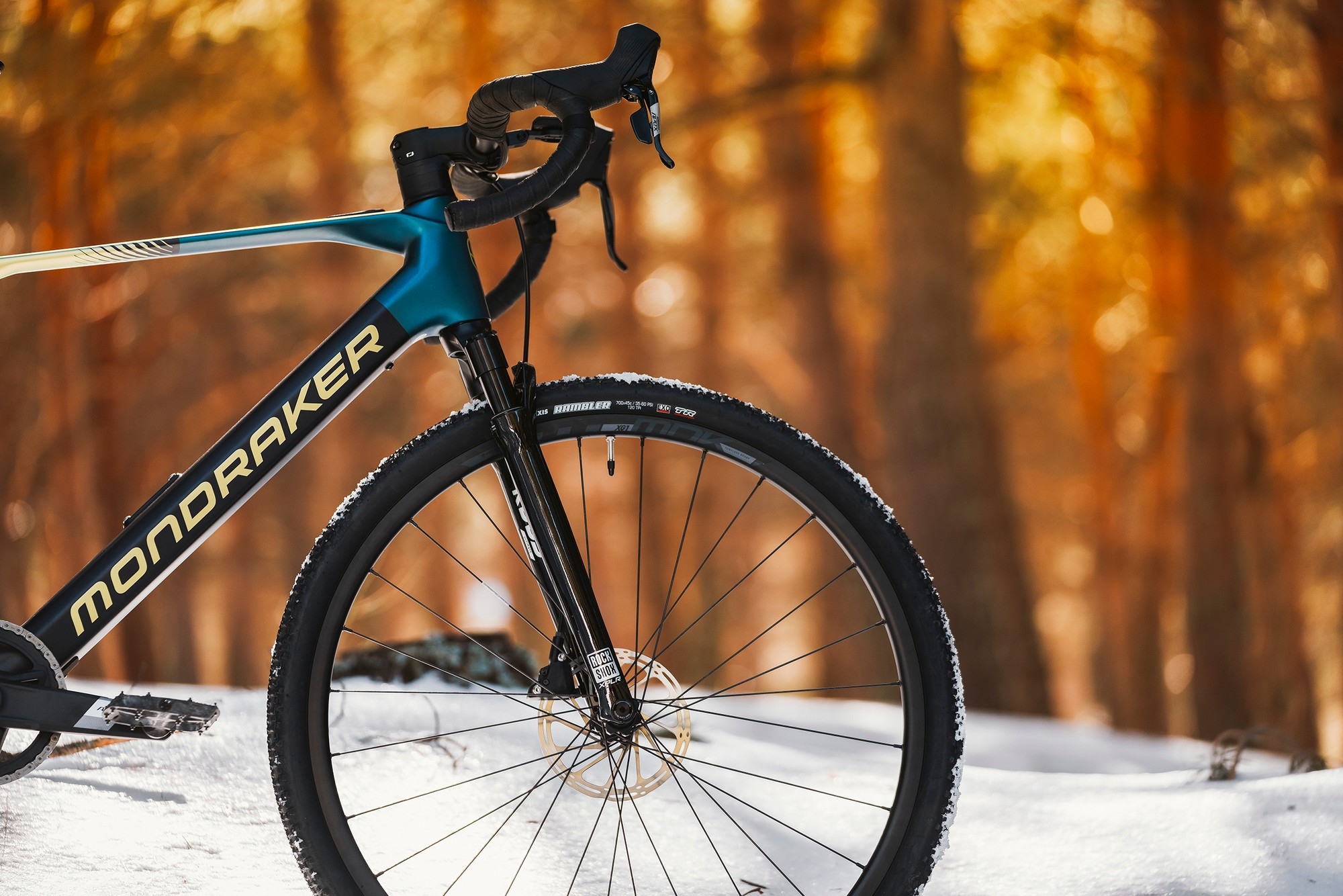 Das Mondraker e-Bike steht auf Schnee im Wald